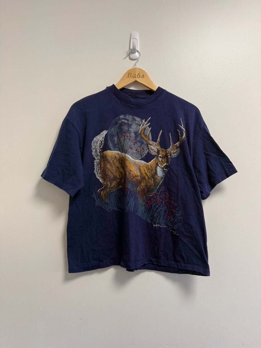 Hanes Deer Buck Nature Graphic T-Shirt Size L Navy Blue